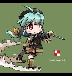 Rule 34 | &gt;:o, 1girl, :o, ahoge, aiming, aqua hair, belt, beret, blush, breasts, buttons, camouflage, chibi, clenched hand, fighting stance, floating hair, full body, green background, hair ribbon, hat, highres, letterboxed, long hair, looking to the side, low-tied long hair, mecha musume, milihime taisen, military, military uniform, orlik (milihime taisen), outstretched arm, parted bangs, petticoat, pink eyes, pleated skirt, poland, polish air force checkerboard, red eyes, ribbon, sidelocks, signature, simple background, skirt, sleeves past wrists, small breasts, tao (kadoya), tks tankette, turret, uniform, v-shaped eyebrows, very long hair, weapon