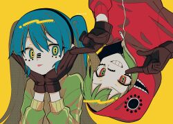 Rule 34 | 2girls, :p, artist name, blue eyes, blue hair, brown gloves, closed mouth, commentary, earmuffs, facial tattoo, gloves, green eyes, green hair, green jacket, grin, gumi, hands on own cheeks, hands on own face, hatsune miku, highres, hood, hood up, hoodie, index fingers raised, jacket, long hair, long sleeves, matryoshka (vocaloid), menma (enaic31), multicolored eyes, multiple girls, red eyes, red hoodie, short hair, sidelocks, smile, tattoo, tongue, tongue out, track jacket, twintails, twitter username, upper body, vocaloid, yellow background, yellow eyes