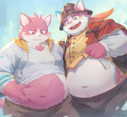 Rule 34 | 2boys, absurdres, animal ears, artist name, bara, belly, belly-to-belly, black pants, blue eyes, blush, brown pants, bungo (tamacolle), cat boy, cat ears, commentary request, cosplay, costume switch, dog boy, dog ears, embarrassed, fangs, fat, fat man, furry, furry male, furry with furry, helm, helmet, highres, holding, holding belly, holding clothes, holding shirt, indie virtual youtuber, jacket, looking at another, looking down, male focus, multiple boys, obese, open mouth, pants, pu-kan, red eyes, seamonsterping, shirt, sky, tamacolle, white shirt