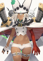 Rule 34 | 1girl, bandaged arm, bandages, belt, blouse, breasts, buttons, cloak, clover, cowboy shot, crop top, dark-skinned female, dark skin, fingerless gloves, four-leaf clover, gloves, guilty gear, guilty gear strive, hat, highres, long hair, looking at viewer, medium breasts, micro shorts, midriff, navel, open mouth, platinum blonde hair, ramlethal valentine, shirt, short shorts, shorts, skindentation, sleeveless, sleeveless shirt, solo, stomach, thigh strap, thighs, white cloak, white gloves, white hat, white shirt, white shorts, yellow eyes, yunar