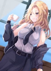 Rule 34 | 1girl, bad id, bad twitter id, belt, black belt, black jacket, black necktie, black skirt, blonde hair, bomber jacket, breasts, commentary request, cup, dress shirt, dutch angle, grey eyes, highres, hornet (kancolle), jacket, kantai collection, large breasts, long hair, looking to the side, necktie, pencil skirt, sa-ya2, shirt, skirt, sleeveless, sleeveless shirt, solo, white shirt, window