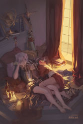 Rule 34 | 1boy, 2girls, barefoot, bed, blackbird, book, bottle, brown hair, carciphona, head rest, closed eyes, leg between thighs, long hair, lying, multiple girls, on back, on bed, on side, original, parted lips, pillow, scroll, shilin, silver hair, sleeping, sword, tattoo, veloce visrin, weapon, window, yuri