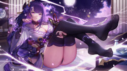 Rule 34 | 1girl, absurdres, aerial fireworks, black thighhighs, blurry, blurry background, braid, breasts, bridal gauntlets, chinese commentary, cleavage, commentary request, electricity, feet, fireworks, flower, foot focus, foreshortening, full body, genshin impact, hair flower, hair ornament, hand on own cheek, hand on own face, highres, indoors, large breasts, legs up, long hair, looking at viewer, mitsudomoe (shape), nail polish, night, no shoes, obi, off shoulder, parted lips, purple eyes, purple flower, purple hair, purple thighhighs, raiden shogun, red nails, sash, soles, solo, thighhighs, toes, tomoe (symbol), very long hair, xingchee