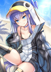 Rule 34 | 1girl, :q, animal hood, bare shoulders, bikini, bikini under clothes, black bikini, black jacket, blue bow, blue choker, blue eyes, blush, bow, breasts, choker, closed mouth, collarbone, commentary request, day, fate/grand order, fate (series), head tilt, highres, hood, hood up, hooded jacket, jacket, knee up, long hair, long sleeves, meltryllis, meltryllis (fate), meltryllis (swimsuit lancer) (fate), meltryllis (swimsuit lancer) (first ascension) (fate), outdoors, penguin hood, purple hair, sitting, sleeves past fingers, sleeves past wrists, small breasts, smile, solo, swimsuit, taiki ken, tongue, tongue out, v-shaped eyebrows, very long hair, water