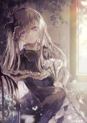 Rule 34 | 1girl, black bow, black dress, bow, dress, duel monster, frilled bow, frilled dress, frills, ghost belle &amp; haunted mansion, gothic lolita, grey eyes, grey hair, hair bow, highres, kanaria (fuusenkazura), lolita fashion, long hair, long sleeves, solo, wide sleeves, yu-gi-oh!
