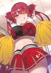 Rule 34 | 1girl, ;q, absurdres, alternate costume, bare shoulders, breasts, cheerleader, commentary, cowboy shot, crop top, highres, holding, holding pom poms, hololive, houshou marine, large breasts, long hair, looking at viewer, midriff, miniskirt, navel, one eye closed, pleated skirt, pom pom (cheerleading), red hair, red shirt, red skirt, shirt, skirt, sleeveless, sleeveless shirt, smile, solo, stomach, tonarikeru, tongue, tongue out, twintails, virtual youtuber, yellow eyes