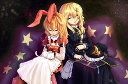 Rule 34 | 2girls, :o, adapted costume, animal, animal ears, animal on lap, apron, black dress, black headwear, blonde hair, bloody cuke, blue ribbon, bow, buttons, cape, cat, cat on lap, closed eyes, collar, commentary request, crescent, crescent pin, dress, ellen (touhou), fake animal ears, frilled apron, frilled collar, frilled neckwear, frills, hair ornament, hair ribbon, hat, hat ribbon, kirisame marisa, layered sleeves, long hair, long sleeves, multiple girls, neck ruff, on lap, open mouth, puffy short sleeves, puffy sleeves, purple cape, rabbit ears, red dress, red ribbon, ribbon, short over long sleeves, short sleeves, sitting, skirt, sleeping, sokrates (touhou), star (symbol), star hair ornament, star print, striped clothes, striped dress, suspender skirt, suspenders, touhou, touhou (pc-98), unworn hat, unworn headwear, vertical-striped clothes, vertical-striped dress, white apron, white cat, witch hat