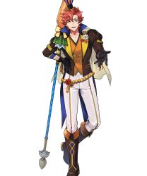 Rule 34 | 1boy, animal hat, black gloves, boots, brown footwear, cape, fire emblem, fire emblem: three houses, fire emblem heroes, gloves, hat, highres, looking at viewer, male focus, nintendo, non-web source, official alternate costume, official art, one eye closed, pants, parted lips, polearm, rabbit hat, red eyes, red hair, smile, solo, sylvain jose gautier, sylvain jose gautier (spring), tachi-e, weapon, white pants