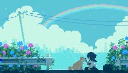 Rule 34 | 1girl, animal, bag, bird, black hair, bug, butterfly, cloud, day, dog, fence, flower, from side, hydrangea, insect, long hair, ocean, original, outdoors, pixel art, power lines, rainbow, revision, school bag, school uniform, serafuku, short sleeves, sitting, sky, solo, tail, tail wagging, toyoi yuuta, utility pole, wind