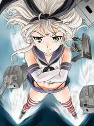 Rule 34 | 10s, 1girl, anchor hair ornament, black neckerchief, black panties, blonde hair, collarbone, crossed arms, elbow gloves, full body, gloves, green eyes, hair ornament, highleg, highleg panties, highres, kantai collection, legs apart, lento (glamour works), long hair, looking at viewer, messy hair, midriff, miniskirt, navel, neckerchief, outdoors, panties, pleated skirt, rensouhou-chan, school uniform, shimakaze (kancolle), skirt, smile, smirk, solo, standing, striped clothes, striped thighhighs, thighhighs, thong, underwear, uniform, wind, wind lift