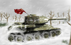 Rule 34 | commentary, english commentary, engrish commentary, military, military vehicle, motor vehicle, no humans, original, sky, snow, snowing, soviet flag, t-34, tank, thesourkraut, tree, vehicle focus