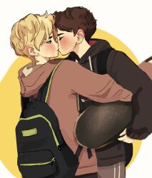 Rule 34 | 2boys, backpack, bag, blonde hair, blush, brown hair, closed eyes, commentary, cookio, english commentary, from side, kiss, looking at another, male focus, multiple boys, original, pants, short hair, simple background, skateboard, yaoi