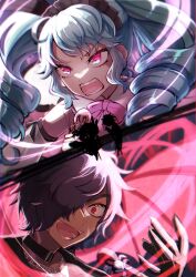 Rule 34 | 1boy, 1girl, ajisai hana (hydrangea 096), angry, black collar, blue hair, bow, collar, commentary, constricted pupils, dark-skinned male, dark skin, demon wings, detached sleeves, drill hair, hair over one eye, highres, idol land pripara, katasumi amari, long hair, mario (pripara), open mouth, pink bow, pink eyes, pretty series, pripara, red eyes, red wings, short hair, silhouette, smile, split screen, symbol-only commentary, twin drills, twintails, upper body, vs, wings