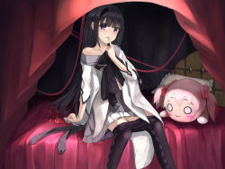 Rule 34 | 1girl, akemi homura, artist request, bad id, bad pixiv id, bed, black hair, black hairband, black pantyhose, character doll, clothes pull, collarbone, eps3rd, finger to mouth, grey skirt, hairband, index finger raised, kaname madoka, layered skirt, long hair, long sleeves, looking at viewer, mahou shoujo madoka magica, mahou shoujo madoka magica (anime), midriff, miniskirt, navel, nesoberi, off shoulder, on bed, open mouth, pantyhose, pantyhose pull, pillow, pleated skirt, purple eyes, sitting, skirt, solo, stomach, straight hair, very long hair