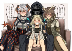 Rule 34 | 114514 (54857733), 1other, 3girls, ambiguous gender, arknights, arm hug, belt, black jacket, blonde hair, blush, brown hair, buttons, choker, closed eyes, commentary request, couch, crossed legs, demon horns, doctor (arknights), dragon girl, dragon horns, dragon tail, facing viewer, feather hair, fingernails, glasses, grey hair, hair between eyes, happy, holding, hood, hooded jacket, horns, ifrit (arknights), jacket, jewelry, long hair, long sleeves, material growth, multiple girls, necklace, orange eyes, oripathy lesion (arknights), owl ears, red nails, rhine lab (arknights), rhine lab logo, saria (arknights), silence (arknights), single bare leg, single leg pantyhose, sitting, smile, tail, translation request, twintails, wristband