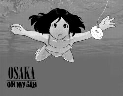 Rule 34 | 1girl, air bubble, album, album art, album cover, album cover redraw, azumanga daiou, barefoot, black eyes, breasts, bubble, collarbone, competition school swimsuit, competition swimsuit, cover, derivative work, doughnut, fishing rod, flat chest, food, highres, kasuga ayumu, monochrome, nevermind, nirvana (band), one-piece swimsuit, potsatou, school swimsuit, small breasts, submerged, swimming, swimsuit, underwater, water