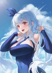 Rule 34 | 1girl, artist name, bare shoulders, blue hair, detached sleeves, highres, long hair, open mouth, original, outdoors, paran, red eyes, smile, solo