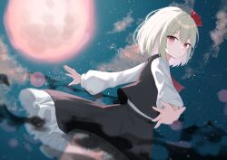 Rule 34 | 1girl, absurdres, anima miko, black skirt, black vest, blonde hair, frills, highres, long sleeves, moon, night, outstretched arms, red eyes, rumia, skirt, solo, star (sky), touhou, vest, white sleeves