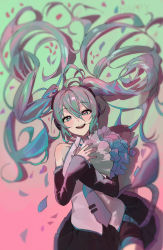 Rule 34 | 1girl, absurdres, aqua eyes, aqua hair, black skirt, blue flower, blush, bouquet, collared shirt, commentary, confetti, detached sleeves, english commentary, floating hair, flower, grey shirt, hair between eyes, hatsune miku, highres, holding, holding bouquet, ikky, long hair, looking at viewer, necktie, open mouth, petals, shirt, simple background, skirt, sleeveless, sleeveless shirt, solo, twintails, very long hair, vocaloid