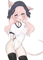 Rule 34 | 1girl, animal ears, blue archive, blush, breasts, cat ears, highres, koharu (blue archive), lilrosieroe, long hair, looking at viewer, md5 mismatch, open mouth, pink hair, simple background, smile, solo, swimsuit, thighhighs, white background