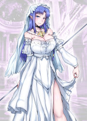 Rule 34 | 1girl, absurdres, alternate breast size, black neckwear, blue eyes, blue hair, braid, breasts, bridal veil, medea (fate), choker, cleavage, corset, cowboy shot, detached sleeves, dress, elf, fate/stay night, fate (series), gggg, gown, highres, holding clothes, holding skirt, jewelry, large breasts, long hair, long skirt, looking at viewer, necklace, pointy ears, ribbon, side braid, side slit, skirt, solo, veil, wedding dress, white dress