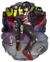Rule 34 | 1girl, absurdres, alternate costume, aokuma (yuuran create), baseball cap, belt, belt buckle, black choker, black hair, black jacket, black pants, breasts, buckle, can, choker, clothes writing, collarbone, cropped jacket, crow (nikke), earrings, feathers, full body, glasses, goddess of victory: nikke, graffiti, green eyes, hat, highres, holding, holding can, hoop earrings, jacket, jewelry, large breasts, multicolored hair, navel, necklace, on floor, open clothes, open jacket, paint on clothes, pants, red hair, ring, round eyewear, shoes, short hair, sitting, skull print, sneakers, solo, sports bra, spray can, spray paint, streaked hair, tattoo, tongue, torn clothes, torn pants, wall, zipper