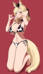 Rule 34 | 1girl, 360 (taiyo360), absurdres, alternate costume, animal ears, animal print, arknights, bare legs, barefoot, bell, bikini, black collar, black hat, black ribbon, blonde hair, blue eyes, blush, breasts, breath, cleavage, collar, commentary, cow print, cowbell, embarrassed, front-tie bikini top, front-tie top, full body, garrison cap, hair ribbon, half-closed eyes, hat, heavy breathing, highres, horse ears, horse girl, horse tail, kneeling, large breasts, long hair, looking at viewer, navel, neck bell, open mouth, paid reward available, parted bangs, print bikini, red background, ribbon, side-tie bikini bottom, simple background, solo, stomach, string bikini, sweat, swimsuit, tail, thick eyebrows, whislash (arknights)