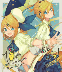 Rule 34 | &gt; &lt;, 1boy, 1girl, :d, anniversary, beret, blonde hair, blue eyes, blue skirt, blush, border, brother and sister, character name, closed mouth, english text, from side, hair between eyes, hair ornament, hairclip, hat, headset, kagamine len, kagamine rin, leaning forward, looking at viewer, miwasiba, musical note, musical note print, nail polish, open mouth, outside border, pleated skirt, shirt, siblings, skirt, smile, sparkle, star (symbol), star print, treble clef, twins, umbrella, vocaloid, white hat, white shirt, wing collar, wrist cuffs, yellow nails