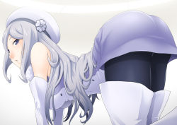 Rule 34 | 10s, 1girl, aila jyrkiainen, all fours, ass, bare shoulders, blush, boots, breasts, dress, elbow gloves, gloves, gundam, gundam build fighters, hat, highres, hornet (artist), large breasts, legs, long hair, looking back, purple eyes, simple background, solo, thigh boots, thighhighs, thighs, white hair