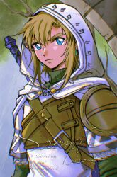 1boy armor blonde_hair blue_eyes cloak earrings green_sweater hair_between_eyes highres hood hood_up hooded_cloak jewelry leather_armor link male_focus medium_hair mouyi nintendo sample_watermark signature single_shoulder_pad solo sweater the_legend_of_zelda the_legend_of_zelda:_tears_of_the_kingdom tree turtleneck turtleneck_sweater upper_body watermark weapon weapon_on_back white_cloak white_hood