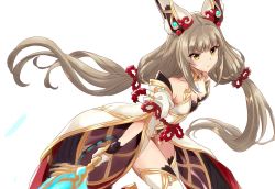 Rule 34 | angry, animal ears, bad id, bad twitter id, breasts, chest jewel, cowboy shot, detached sleeves, facial mark, highres, leotard, long hair, low twintails, nia (blade) (xenoblade), nia (xenoblade), pyra rin, silver hair, simple background, small breasts, spoilers, thighhighs, twintails, very long hair, white background, xenoblade chronicles (series), xenoblade chronicles 2, yellow eyes