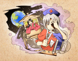 Rule 34 | 2girls, arrow (projectile), black eyes, black hair, breaking, breasts, clenched teeth, commentary request, covering one eye, crying, earth (planet), grey hair, hand on own face, hat, houmornin, houraisan kaguya, japanese clothes, kimono, long hair, multiple girls, nurse cap, open mouth, ox-driven carriage, planet, reaching, reaching towards viewer, remembering, short sleeves, smoke, space, teeth, test tube, test tube rack, touhou, upset, very long hair, yagokoro eirin