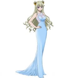 Rule 34 | 1girl, blonde hair, blue dress, blue eyes, breasts, cleavage, code geass, code geass: boukoku no akito, cone hair bun, dress, full body, hair bun, hair ornament, hand on own hip, jewelry, leila malcal, long hair, looking at viewer, medium breasts, necklace, official art, see-through, sideboob, simple background, sleeveless, sleeveless dress, solo, white background