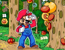Rule 34 | 1boy, brown hair, bubble, creature, facial hair, flower, forest, full body, galoomba, grass, highres, image sample, male focus, mario, mario (series), md5 mismatch, megatonslater, mustache, nature, nintendo, open mouth, overalls, resolution mismatch, source larger, standing, super mario world, surprised, tree, twitter sample, wiggler