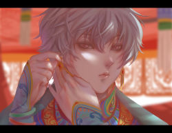 Rule 34 | 1boy, albino, chinese clothes, closed mouth, colored eyelashes, earrings, gloves, goko163, jewelry, letterboxed, looking at viewer, male focus, original, pale skin, red eyes, solo, traditional clothes, tsurime, white hair