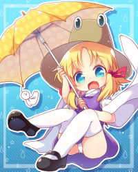 Rule 34 | 1girl, arms up, black footwear, blonde hair, blue background, blue eyes, brown hat, chibi, commentary request, fang, hair ribbon, hat, high collar, highres, holding, holding umbrella, leaning back, long sleeves, looking at viewer, mary janes, matatabi (nigatsu), moriya suwako, open mouth, outline, panties, pantyshot, parted bangs, patterned background, polka dot, polka dot umbrella, purple skirt, purple vest, ribbon, shirt, shoes, short hair, sidelocks, sitting, skin fang, skirt, solo, star (symbol), striped, striped background, teruterubouzu, thighhighs, touhou, umbrella, underwear, unmoving pattern, vest, water drop, white panties, white shirt, white thighhighs, wide sleeves, yellow umbrella