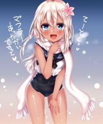 Rule 34 | 1girl, black legwear, black one-piece swimsuit, black sailor collar, blonde hair, blue background, blue eyes, breath, commentary request, cowboy shot, crop top, fang, flower, gradient background, hair flower, hair ornament, highres, kantai collection, leaning forward, long hair, neckerchief, nmo, one-piece swimsuit, one-piece tan, open mouth, pink background, pink scarf, ro-500 (kancolle), sailor collar, scarf, school swimsuit, snow, solo, swimsuit, swimsuit under clothes, tan, tanline, translation request