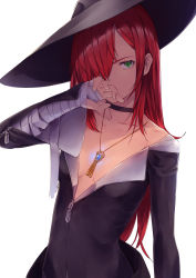 Rule 34 | 1girl, absurdres, bandaged arm, bandages, breasts, cleavage, collarbone, flat chest, green eyes, hair over one eye, halloween, hat, highres, jewelry, long hair, necklace, noraico, off shoulder, original, red hair, white background, witch hat, zipper, zipper dress