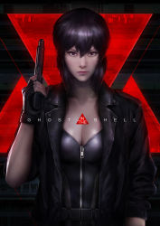Rule 34 | 1girl, absurdres, bodysuit, breasts, brown eyes, cleavage, collarbone, copyright name, cowboy shot, cyborg, fingerless gloves, ghost in the shell, gloves, gun, hair between eyes, handgun, highres, holding, holding gun, holding weapon, jacket, johnson ting, kusanagi motoko, leotard, lips, long sleeves, looking at viewer, open clothes, open jacket, pistol, police, purple hair, realistic, short hair, solo, standing, uniform, unzipped, weapon, zipper, zipper pull tab