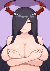 Rule 34 | 1girl, azur lane, breast hold, breasts, breasts day, closed mouth, commentary request, covering privates, covering breasts, friedrich der grosse (azur lane), hair ornament, hair over one eye, horns, large breasts, long hair, looking at viewer, lowres, mature female, nude, pixel art, raccoon (potesara), simple background, smile, solo