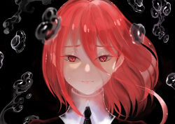 Rule 34 | 1other, absurdres, androgynous, black background, black necktie, blurry, cinnabar (houseki no kuni), crying, depth of field, floating hair, gem uniform (houseki no kuni), hair between eyes, highres, houseki no kuni, light smile, liquid, long hair between eyes, looking at viewer, mercury (element), necktie, oo0mog0oo, other focus, portrait, red eyes, red hair, red theme, short hair, solo, straight-on
