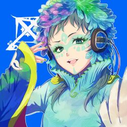 Rule 34 | 1other, 24mbb, androgynous, blue eyes, blue hair, facepaint, facial mark, feathers, forehead mark, gnosia, green eyes, green hair, headphones, long hair, long sleeves, looking at viewer, makeup, multicolored hair, other focus, raqio, short hair, simple background, solo, streaked hair, tattoo, upper body