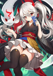 Rule 34 | 1girl, absurdres, black kimono, breasts, duel monster, ghost ogre &amp; snow rabbit, hair between eyes, highres, holding, horns, japanese clothes, kikistark, kimono, long hair, looking at viewer, obi, pointy ears, red eyes, sash, small breasts, snow rabbit, solo, spirit, twintails, white hair, yu-gi-oh!