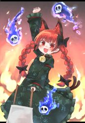 Rule 34 | 1girl, :3, :d, absurdres, animal ears, bell, blue fire, bow, braid, cat ears, cat tail, colored eyelashes, dress, extra ears, fiery background, fire, frilled dress, frilled sleeves, frills, hair bow, happy, highres, kaenbyou rin, kibisake, long hair, long sleeves, multiple tails, open mouth, red eyes, red hair, skull, slit pupils, smile, solo, tail, touhou, twin braids, two tails