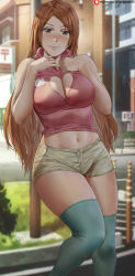 Rule 34 | 1girl, bleach, blurry, blurry background, blush, breasts, brown hair, building, cleavage, cleavage cutout, closed mouth, clothing cutout, female focus, green thighhighs, grey eyes, heart cutout, highres, inoue orihime, large breasts, long hair, looking at viewer, midriff, navel, nose blush, outdoors, patreon logo, patreon username, pink shirt, shexyo, shirt, shorts, sleeveless, sleeveless shirt, smile, solo, standing, thick thighs, thighhighs, thighs, watermark, web address, yellow shorts