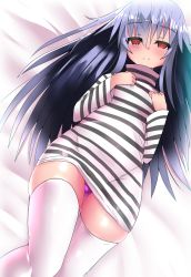 Rule 34 | 1girl, black hair, facial tattoo, highres, long hair, long sleeves, looking at viewer, lying, no pants, on back, original, panties, pantyshot, red eyes, shirt, smile, solo, souma (ordures), striped clothes, striped shirt, tattoo, thighhighs, underwear, very long hair, white thighhighs