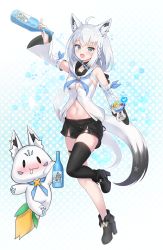 Rule 34 | 1girl, absurdres, ahoge, alternate color, animal ear fluff, animal ears, arm up, black bow, black footwear, black shorts, black thighhighs, blue neckerchief, blush, bottle, bow, braid, breasts, cherry, cocktail glass, commentary request, creatures (company), cup, detached sleeves, drinking glass, earrings, food, fox ears, fox girl, fox tail, fruit, game freak, gen 1 pokemon, green eyes, hair between eyes, hair bow, highres, holding, holding bottle, holding cup, hololive, hood, hoodie, jewelry, korean commentary, kumarang, leg up, long hair, looking at viewer, magikarp, midriff, mixed-language commentary, navel, neckerchief, nintendo, open mouth, pokemon, pokemon (creature), pouring, shiny pokemon, shirakami fubuki, shirakami fubuki (1st costume), short shorts, shorts, sidelocks, single braid, single thighhigh, small breasts, smile, sukonbu (shirakami fubuki), tail, thigh strap, thighhighs, twitter logo, virtual youtuber, white hair, white hoodie