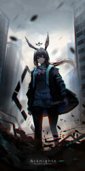 Rule 34 | 1girl, absurdres, amiya (arknights), animal ears, arknights, artist name, black pantyhose, blue eyes, blurry, building, closed mouth, commentary request, copyright name, depth of field, facing viewer, full body, halo, highres, hood, hooded jacket, jacket, lemtun, long hair, looking away, open clothes, open jacket, outdoors, pantyhose, pleated skirt, ponytail, shirt, sidelocks, skirt, solo, standing