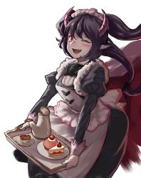 Rule 34 | 1girl, black hair, black neckwear, blush, cake, cake slice, cup, cupcake, demon girl, demon horns, fang, fantasy, food, fruit, gloves, heart, highres, holding, holding tray, horns, long hair, looking at viewer, maid, maid headdress, one eye closed, open mouth, original, pink lips, plate, pointy ears, puffy sleeves, purple horns, red eyes, siena (moratoriummaga), simple background, smile, solo, strawberry, teacup, teapot, tongue, tray, twintails, white background, white gloves