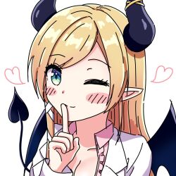Rule 34 | 1girl, ama (ama ekaku), aqua eyes, blonde hair, breasts, cleavage, closed mouth, demon girl, demon horns, demon tail, demon wings, finger to mouth, heart, highres, hololive, horns, index finger raised, large breasts, long hair, looking at viewer, one eye closed, pointy ears, portrait, shushing, simple background, sketch, smile, solo, tail, virtual youtuber, white background, wings, yuzuki choco, yuzuki choco (1st costume)